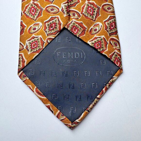 Vintage Fendi Roma Tie Silk Mustard Brown Geometric Medallion Print Handmade - Picture 12 of 12
